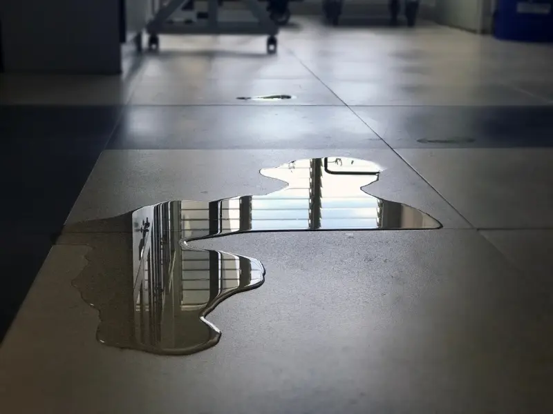 Water reflects the interior of a building on a polished tile floor.